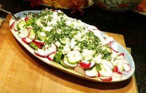 Cucumbers with mint and feta (and a few radishes, for color).