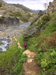 A hiker on a dirt path with low green vegetation, with a river below and cliffs on the other side. Deborah Lee Luskin photo