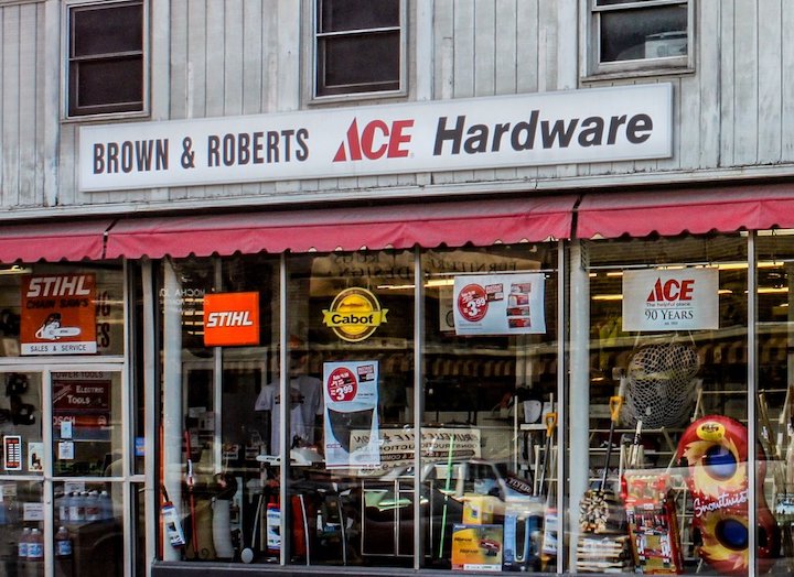 Storefront photo of Brown & Roberts Ace Hardware Store on Main Street in Brattleboro