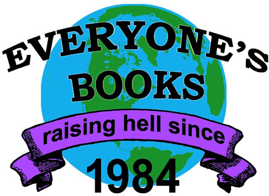 colorful text of logo for Everyone's Books with the bookstore's name on top of the glove and a banner that says "raising hell since 1984)