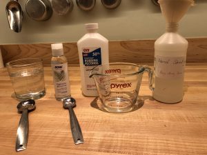 Homemade hand sanitizer can be a made with ordinary ingredients: 1 cup of Isopropyl alcohol (91%), a teaspoon of glycerine, and two tablespoons of water