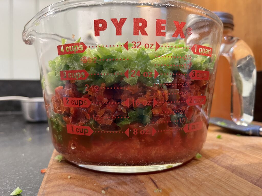 we’ve been developing our own recipe: equal amounts of sweet and hot peppers, both red and green